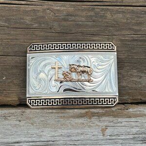 Mixed Metal Praying Cowboy Design Buckle